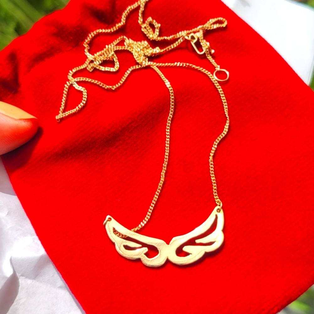 Gold 18k Chain with Angel Wings Pendant. Real Solid Peruvian GOLD 18k